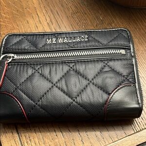 MZ Wallace Black Quilted Wallet with Red Accents